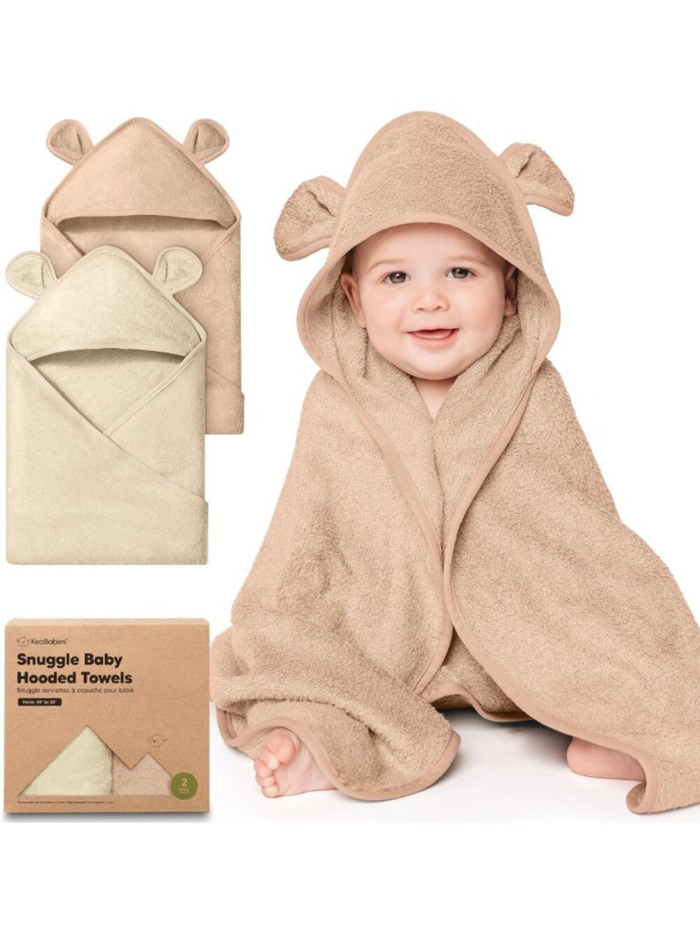 Soft Hooded Baby Towels 2-Pack for Newborns & Kids - Almond Color, 30x30 Inches